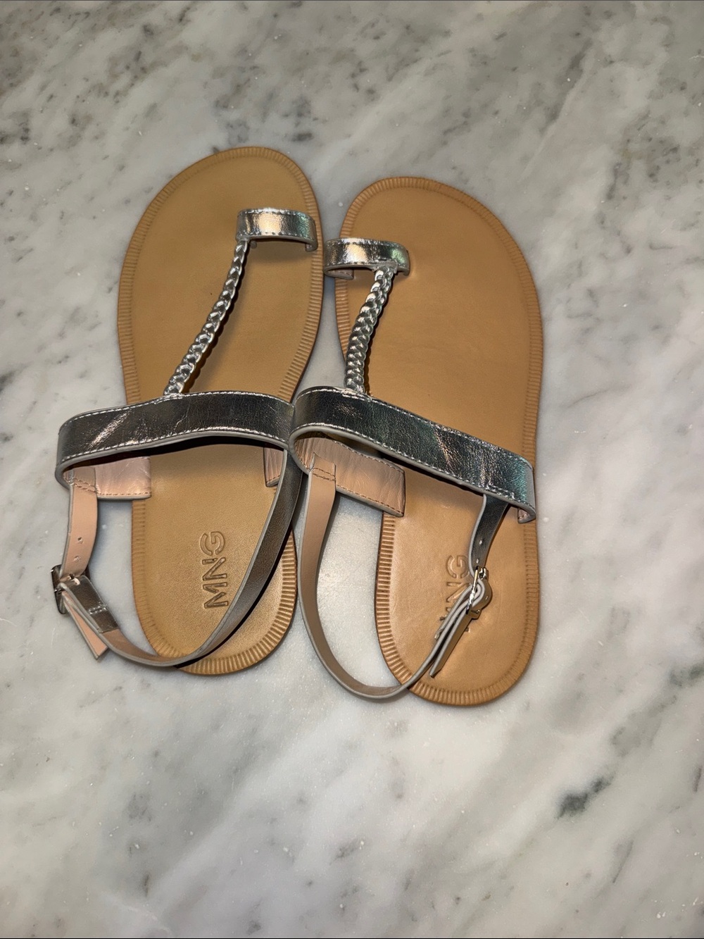 Mango Kids Silver Braided T-Strap Sandals with Tan Footbed